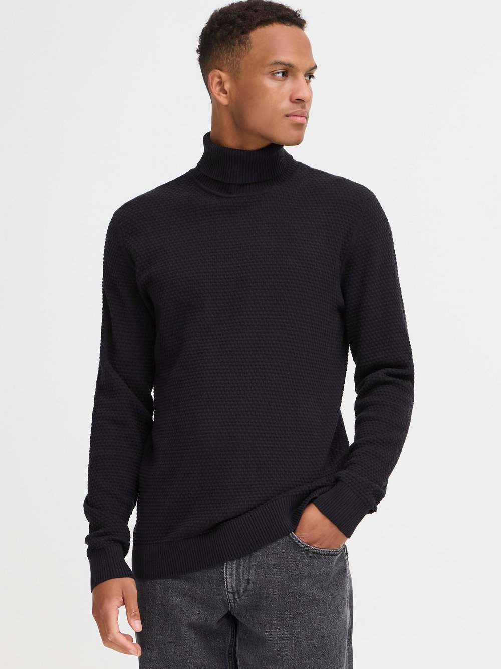 BLEND Rollkragenpullover Herren Baumwolle schwarz strukturiert, XXXL