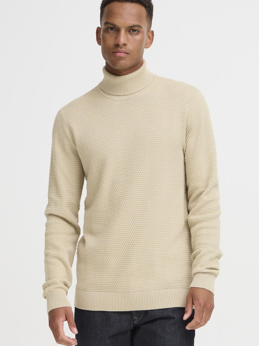 BLEND Rollkragenpullover Herren Baumwolle beige strukturiert, XL