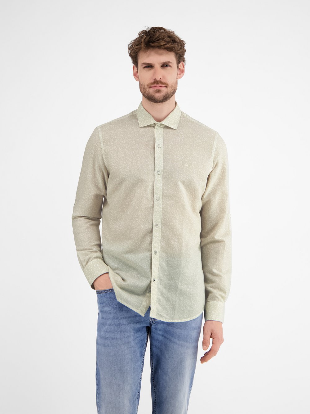 LERROS Langarmhemd Herren Regular Fit Leinen weiß gemustert, M