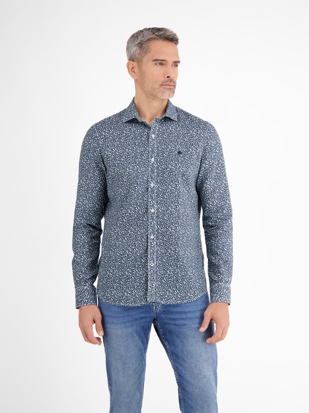 LERROS Langarmhemd Herren Regular Fit Leinen blau gemustert, XXL