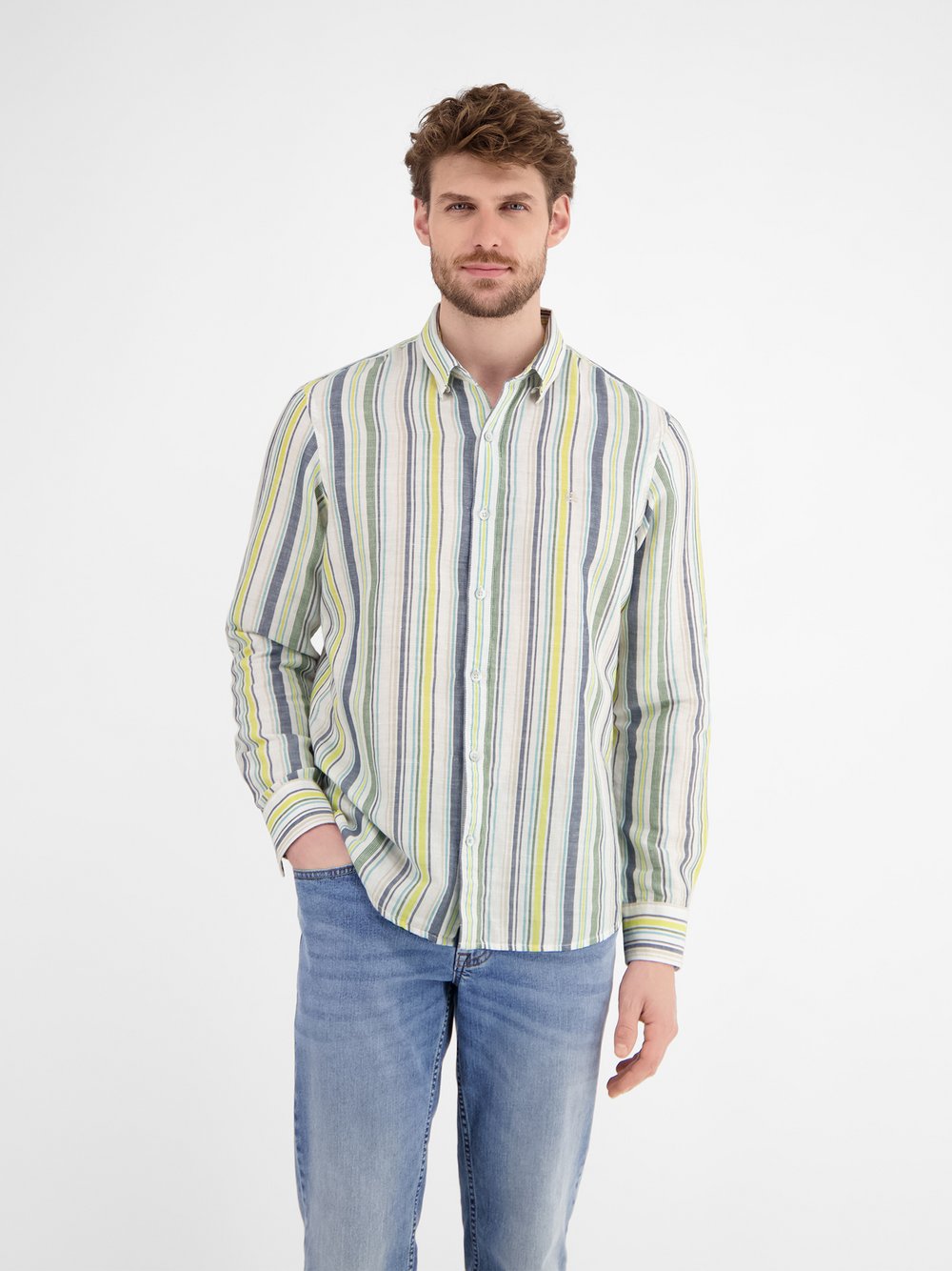 LERROS Langarmhemd Herren Regular Fit Leinen weiß gestreift, XXL