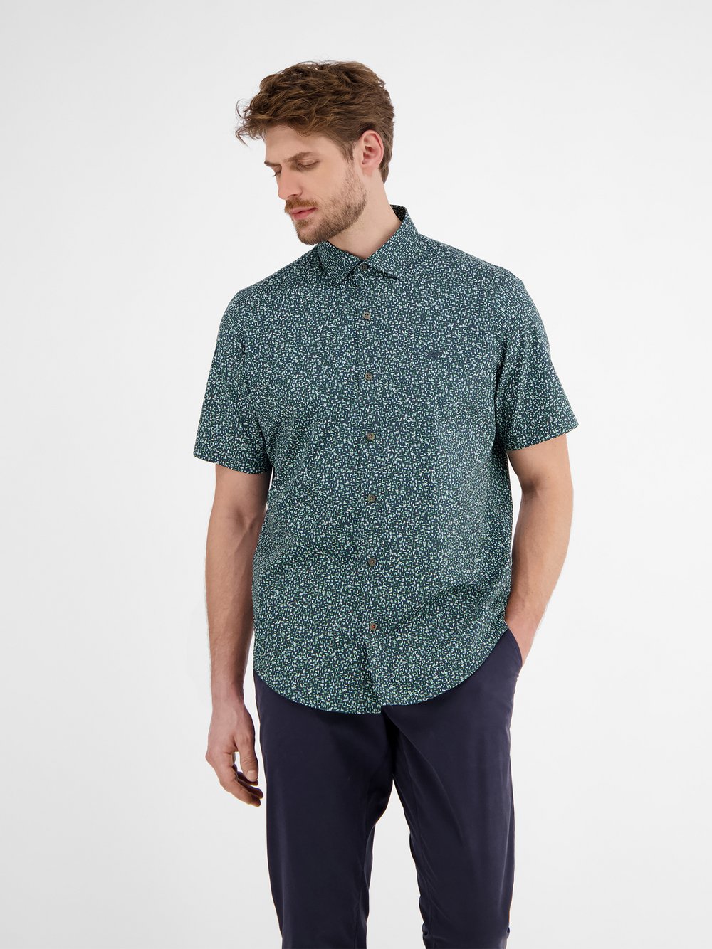 Thumbnail - LERROS Kurzarmhemd Herren Regular Fit Baumwolle blau gemustert, L
