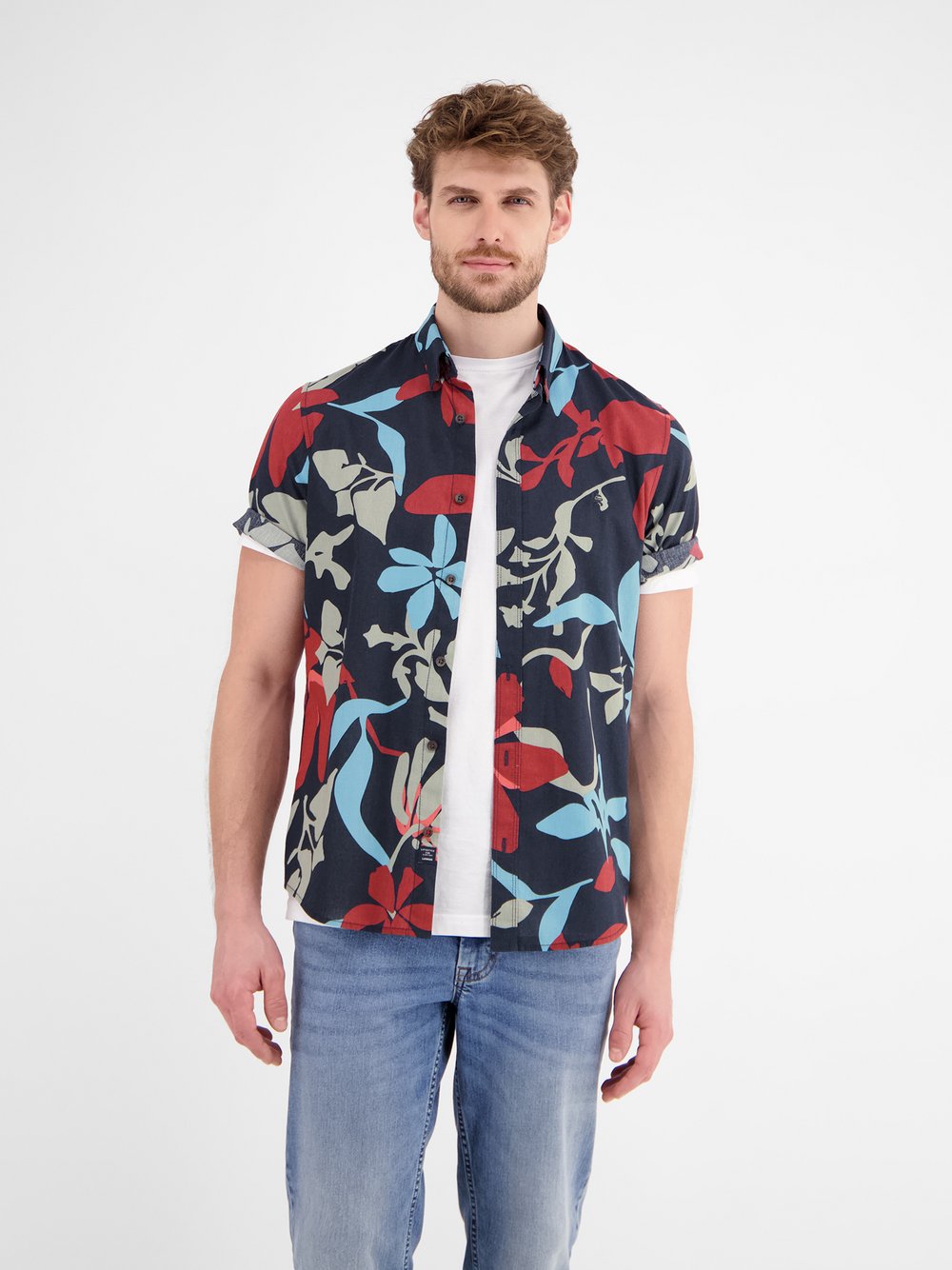 LERROS Kurzarmhemd Herren Regular Fit Baumwolle blau gemustert, L