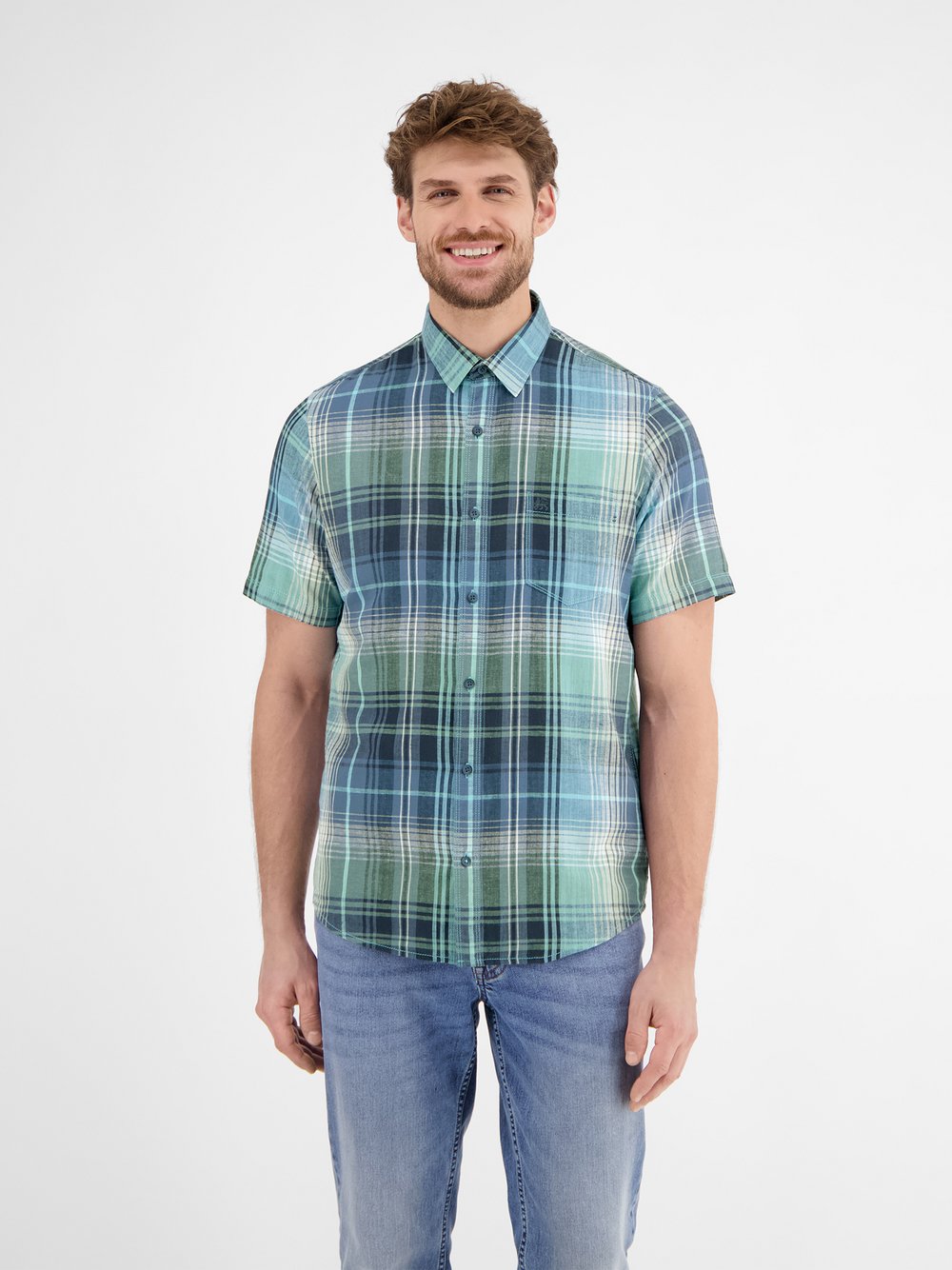LERROS Kurzarmhemd Herren Regular Fit Baumwolle blau kariert, M