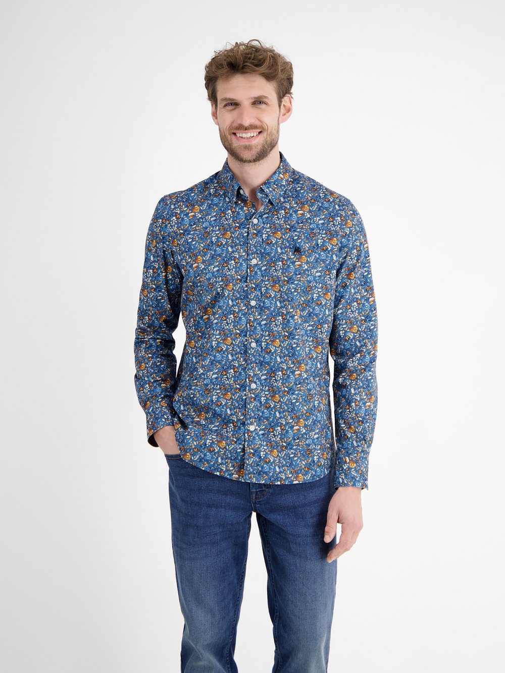 LERROS Langarmhemd Herren Regular Fit Baumwolle blau gemustert, M