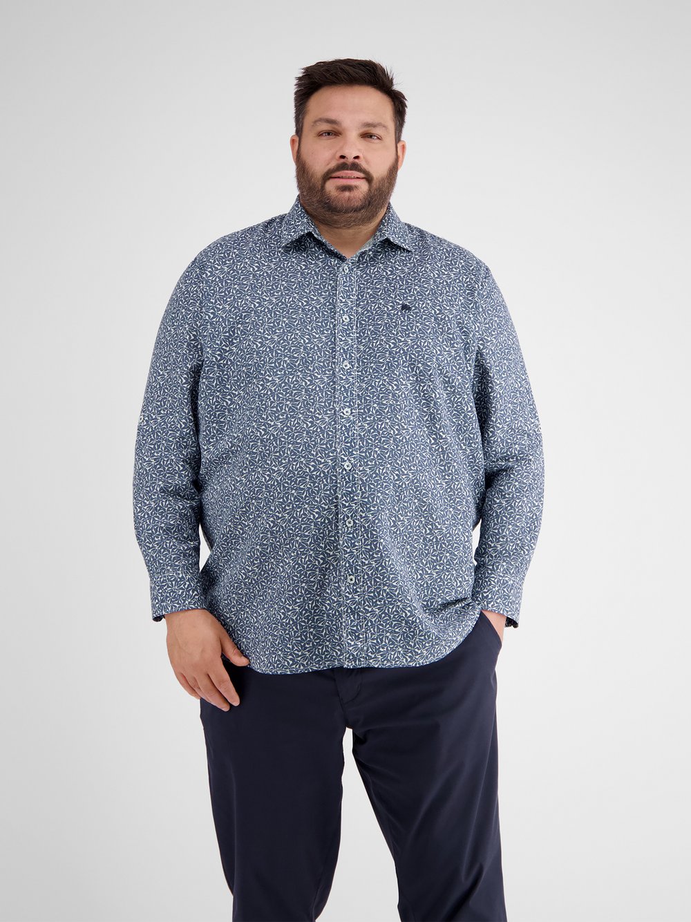 LERROS Langamhemd Herren Regular Fit Leinen blau bedruckt, 4XL