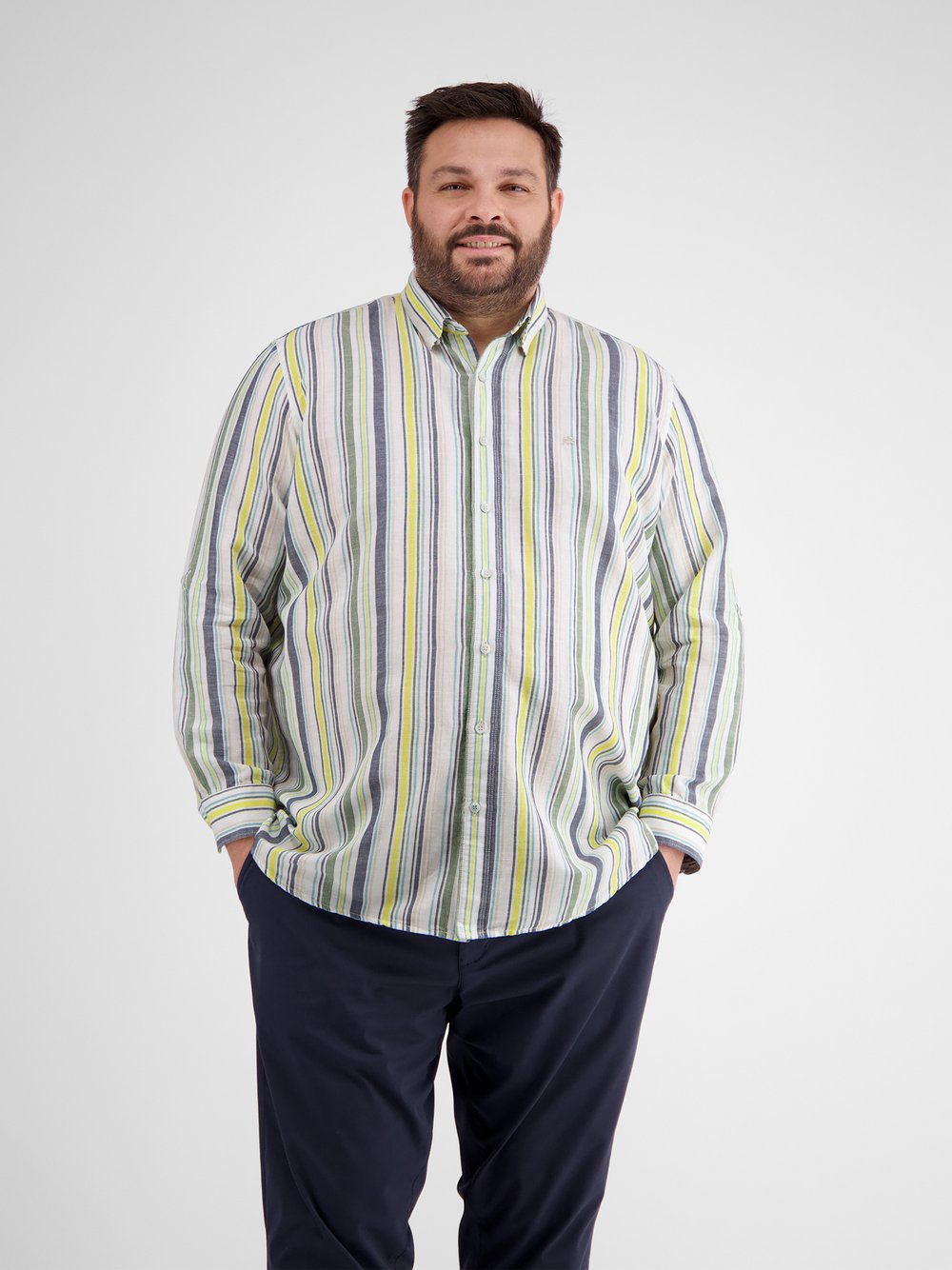 LERROS Langarmhemd Herren Regular Fit Leinen weiß gestreift, 4XL