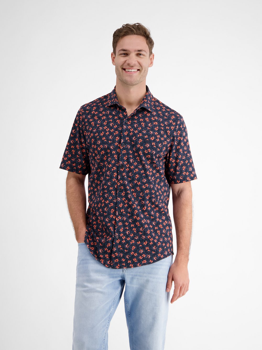 LERROS Kurzarmhemd Herren Regular Fit Baumwolle blau gemustert, XL