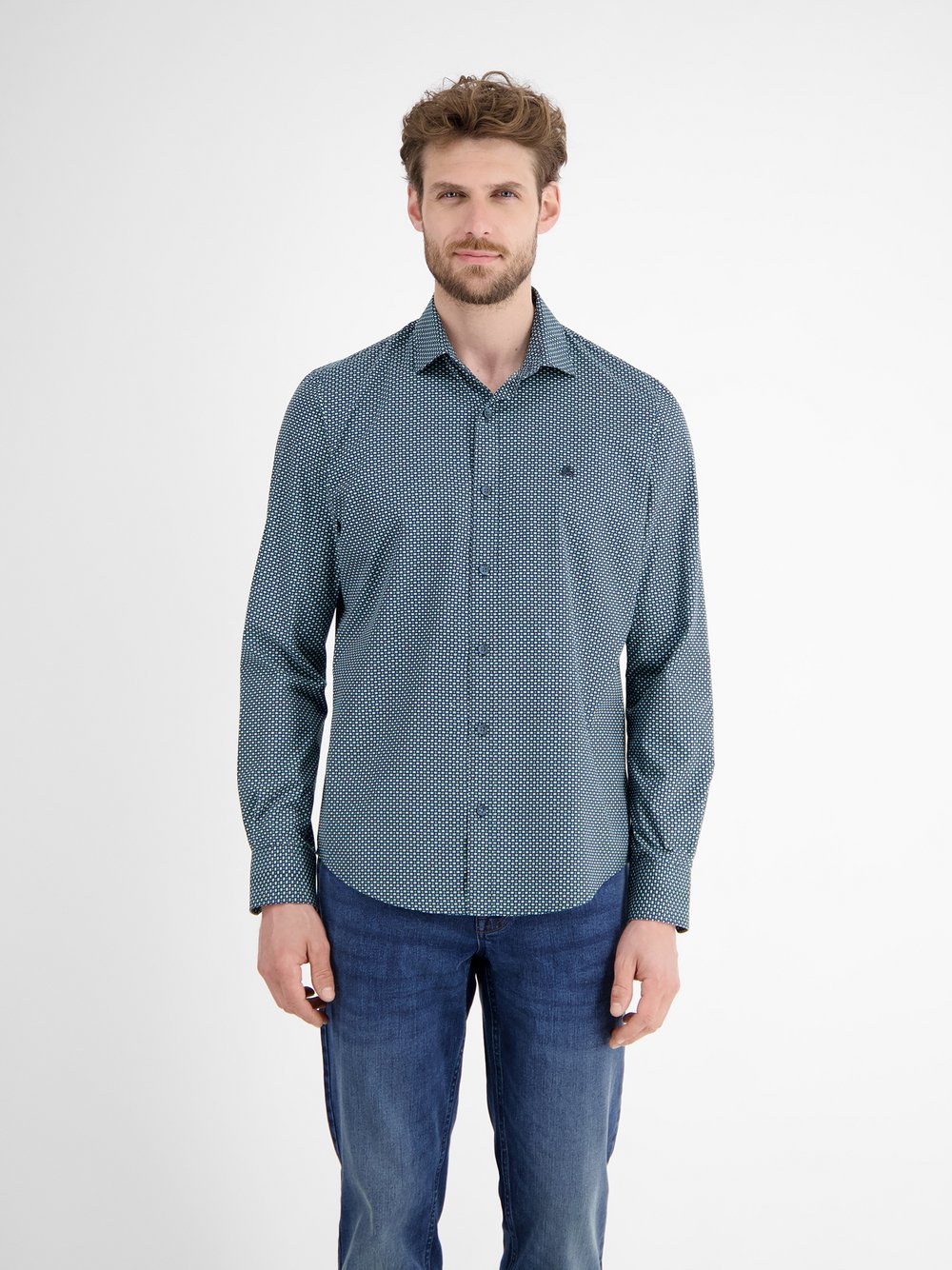 Thumbnail - LERROS Langarmhemd Herren Regular Fit Baumwolle blau gemustert, M