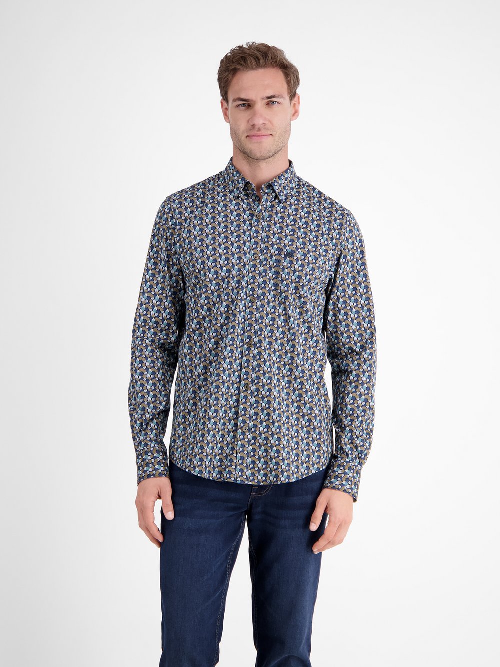 LERROS Langarmhemd Herren Regular Fit Baumwolle braun gemustert, M