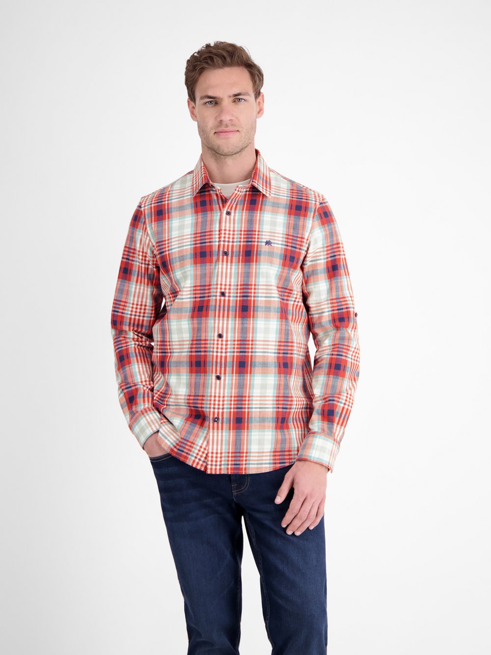 LERROS Langarmhemd Herren Regular Fit Baumwolle rot kariert, XL