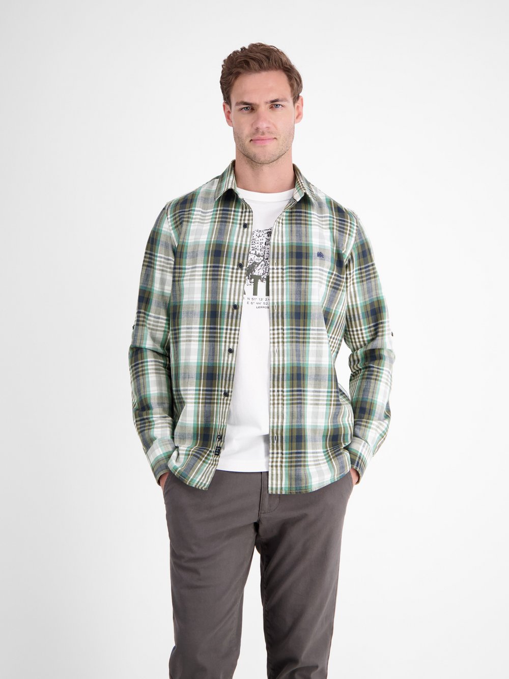 LERROS Langarmhemd Herren Regular Fit Baumwolle grün kariert, M