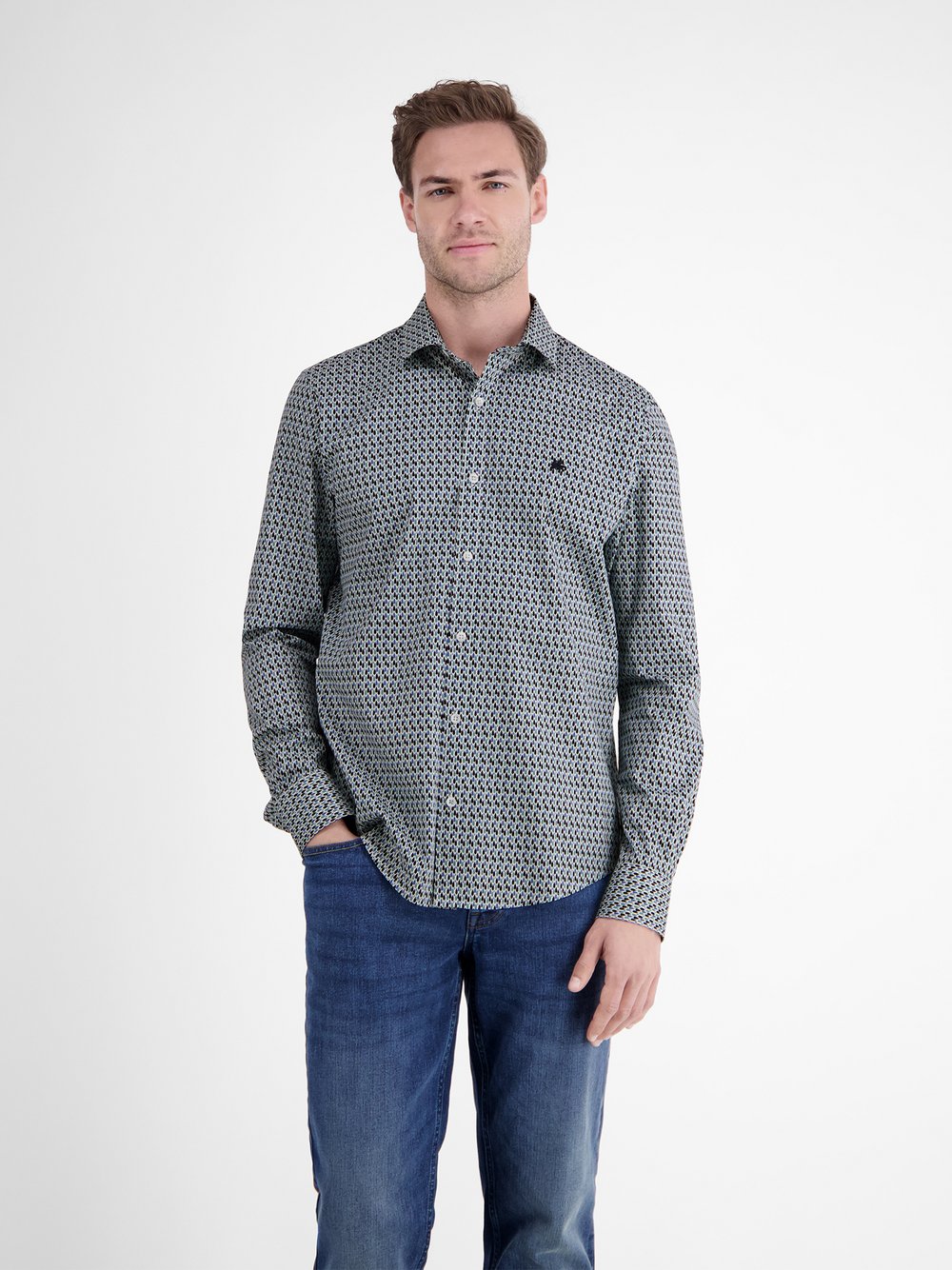 LERROS Langarmhemd Herren Regular Fit Baumwolle blau gemustert, L