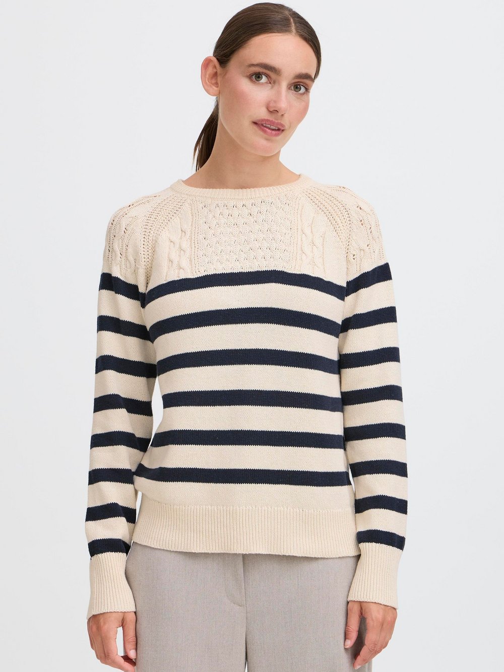 OXMO Strickpullover Damen Baumwolle blau gestreift, XL