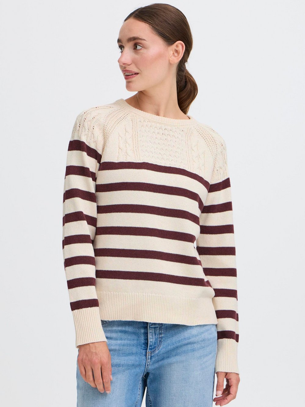 OXMO Strickpullover Damen Baumwolle braun gestreift, M