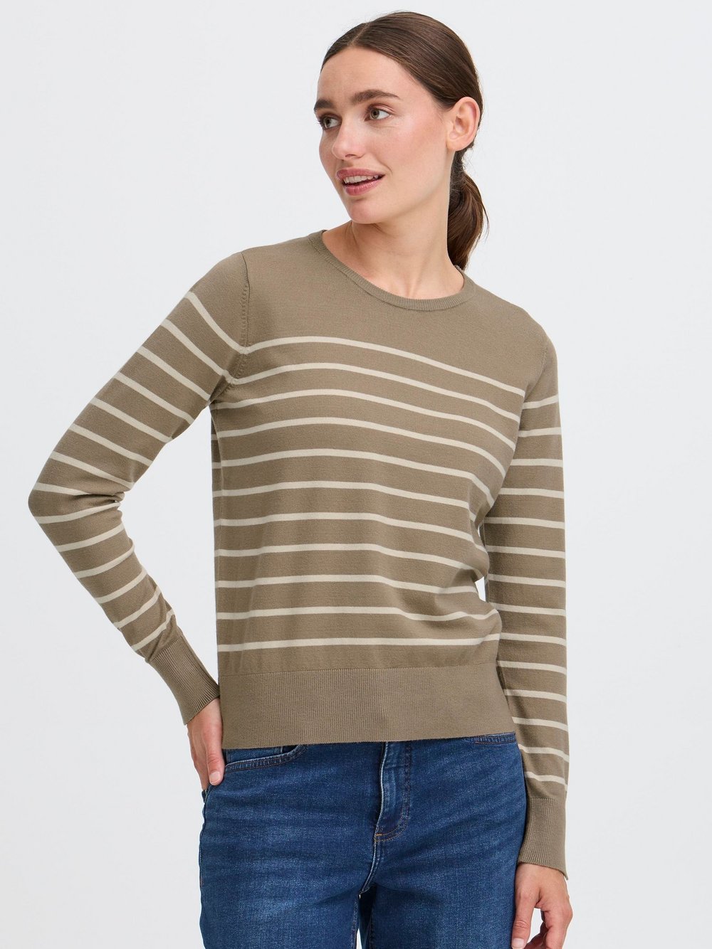 OXMO Strickpullover Damen Viskose beige gestreift, L