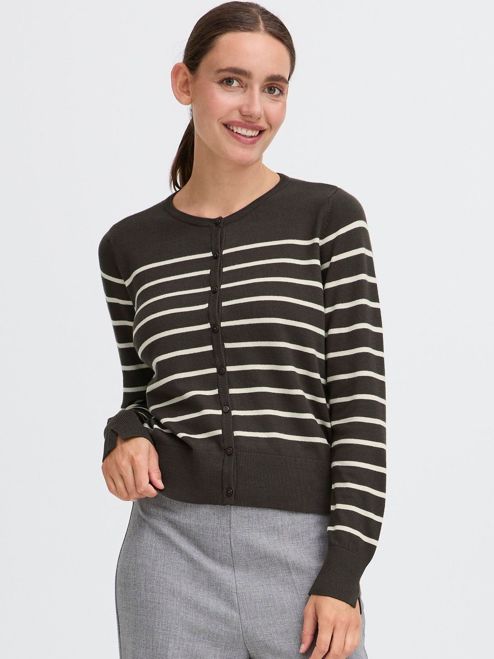 OXMO Strickjacke Damen Viskose braun gestreift, L