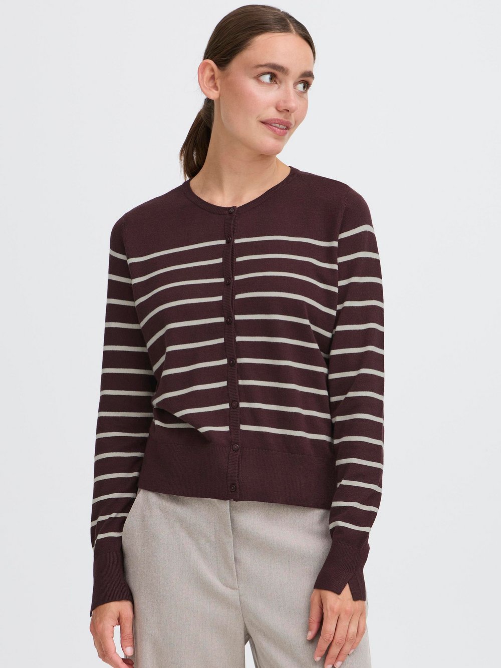OXMO Strickjacke Damen Viskose braun gestreift, XL