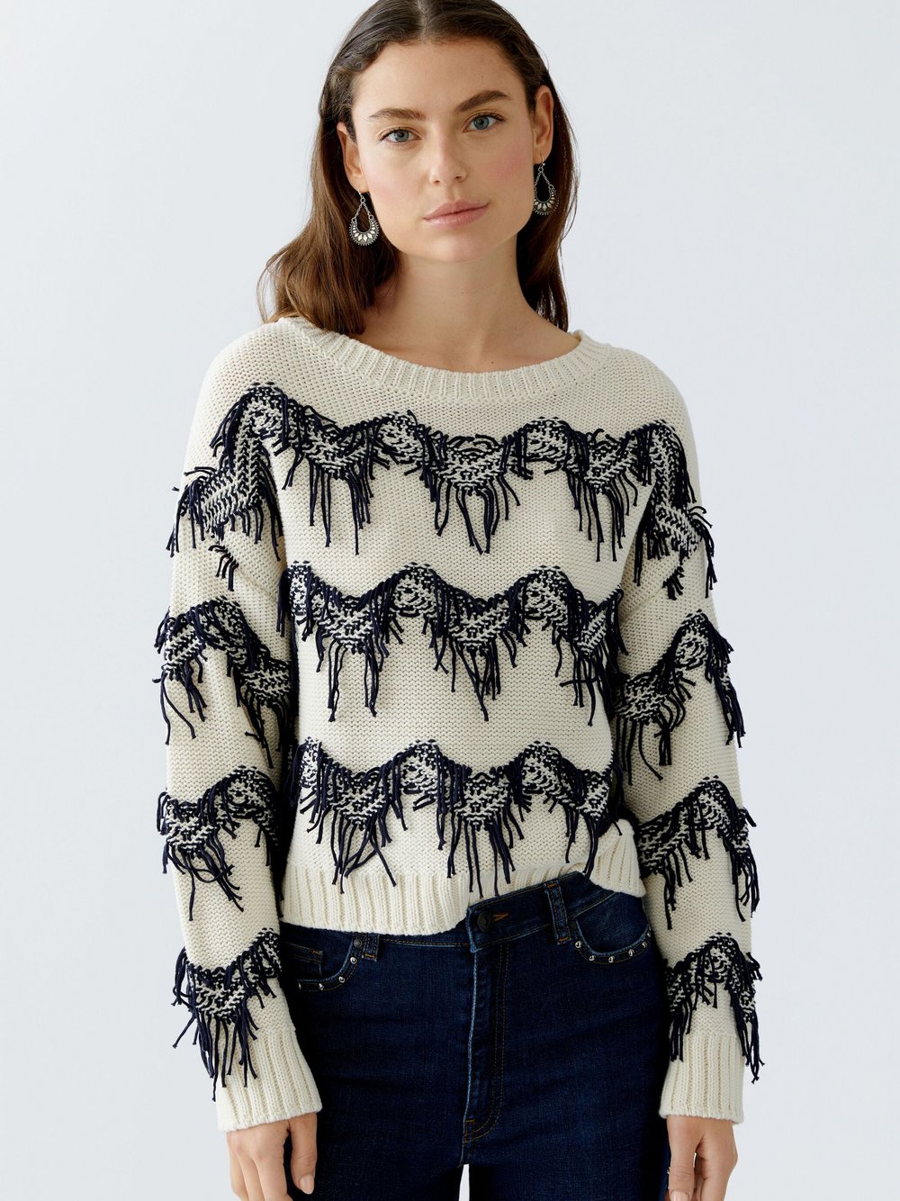 Thumbnail - Oui Pullover Damen Baumwolle weiß gemustert, 40