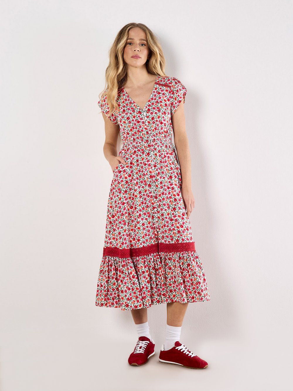 Thumbnail - Apricot Midikleid Damen Viskose weiß gemustert, 36