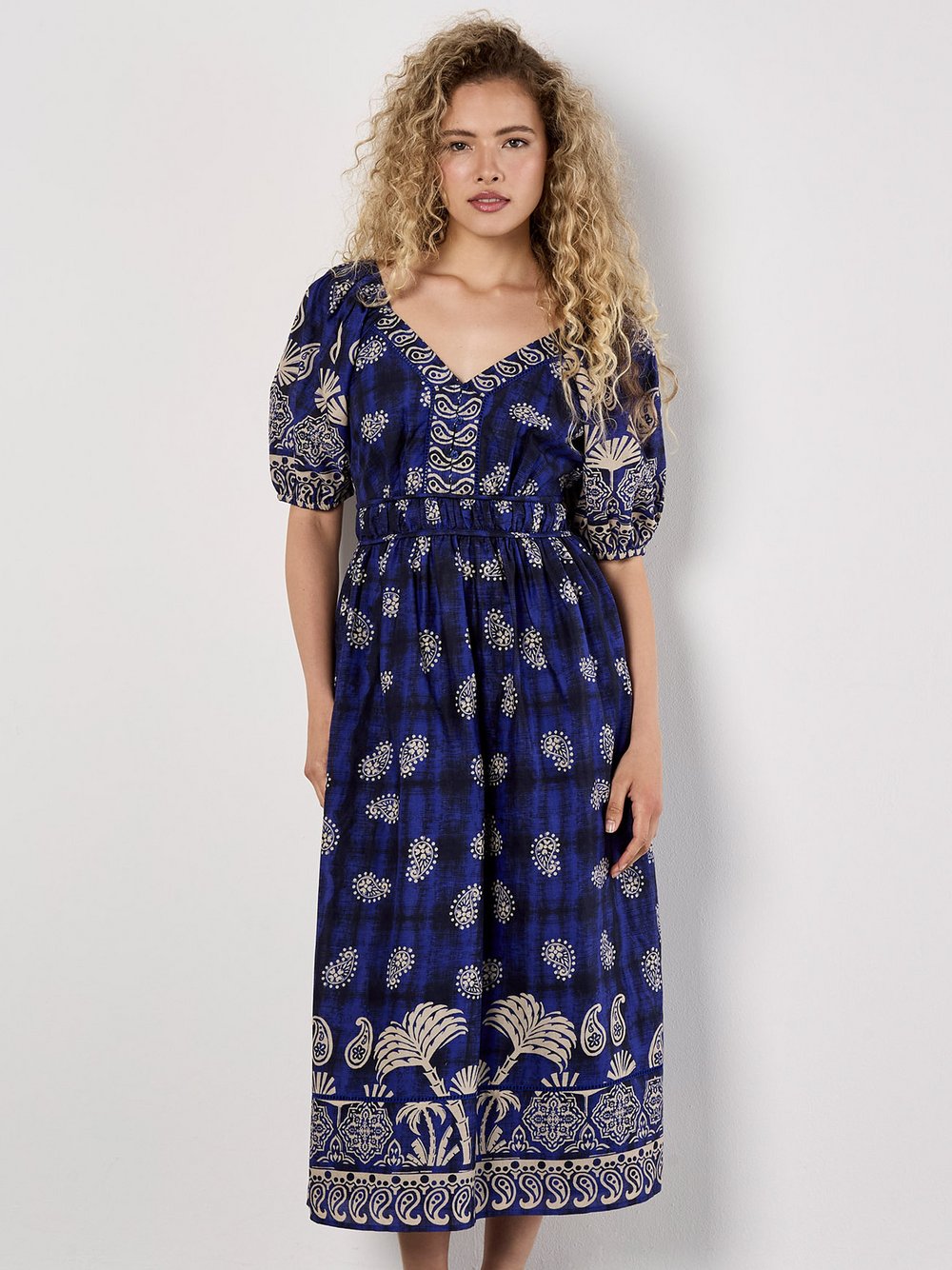Thumbnail - Apricot Midikleid Damen Baumwolle blau gemustert, 38