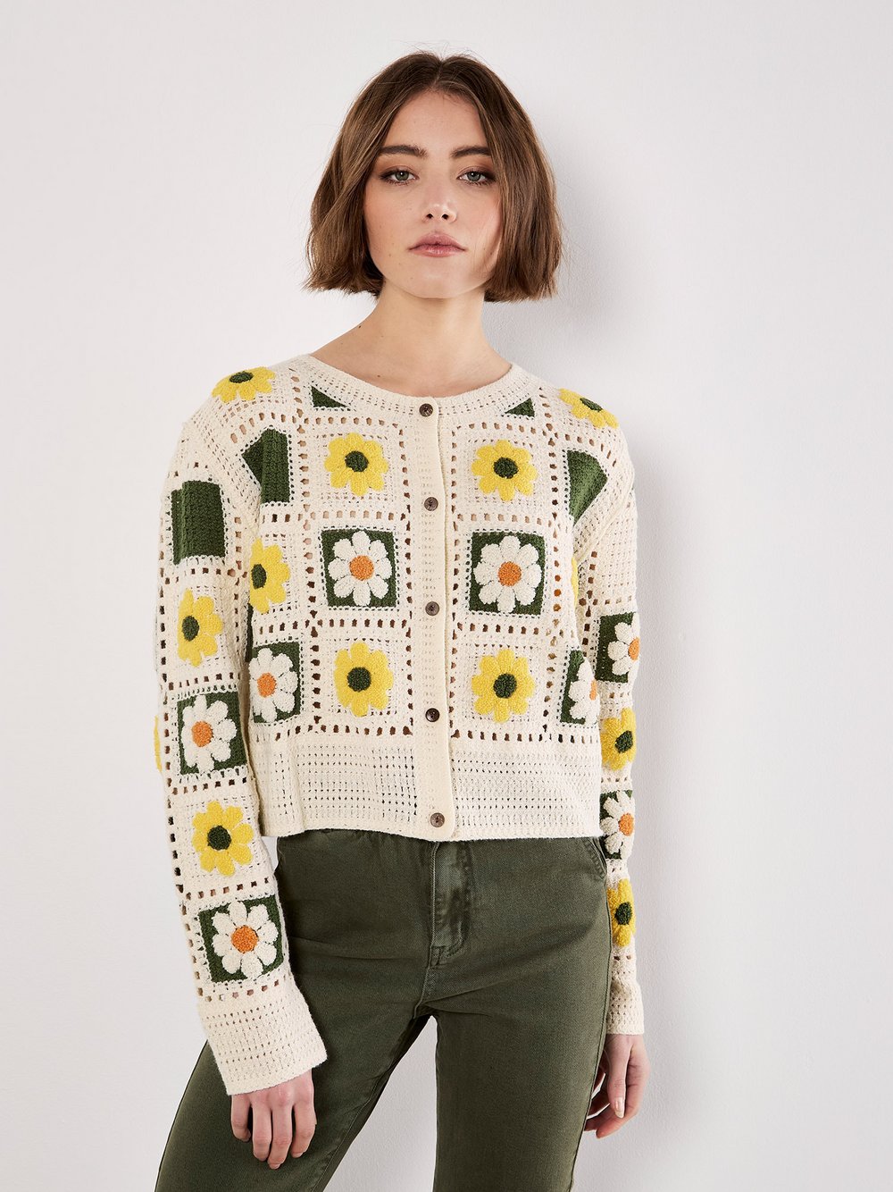 Thumbnail - Apricot Strickjacke Damen gelb bedruckt, 36