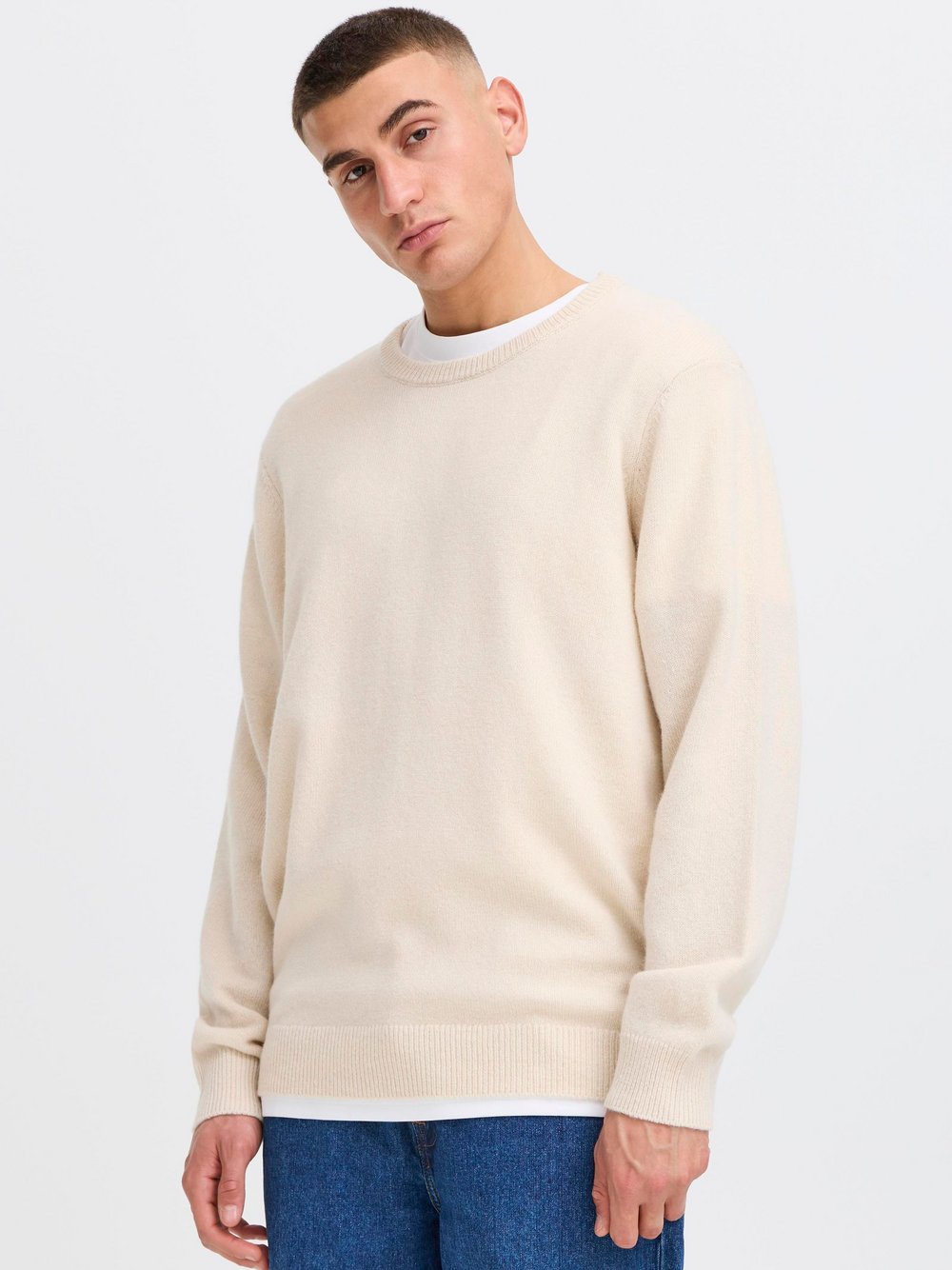 Solid Strickpullover Herren Wolle beige meliert, S