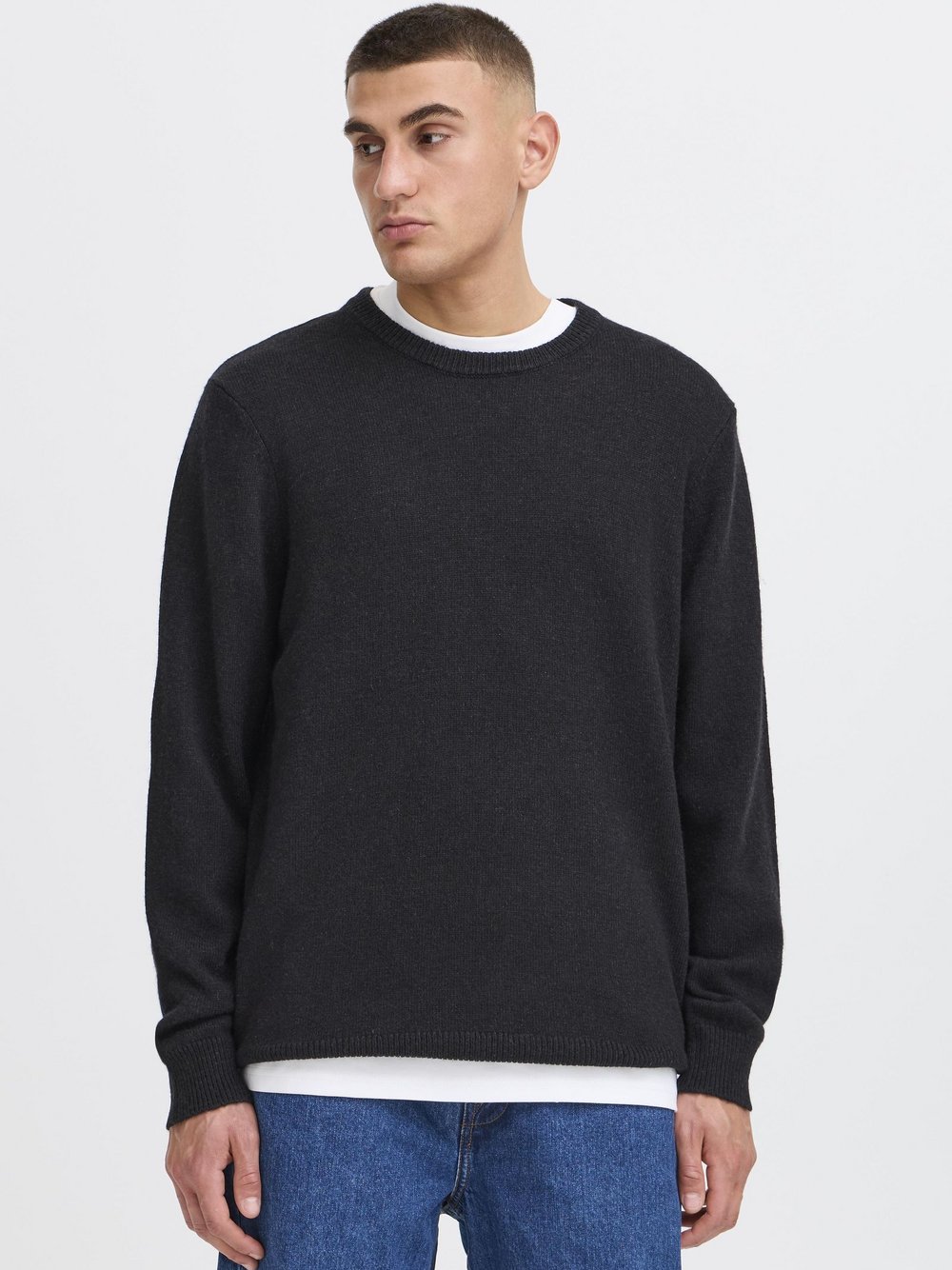 Solid Strickpullover Herren Wolle schwarz meliert, L