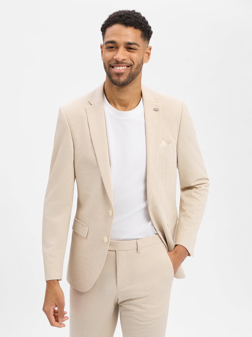 Finshley & Harding London Baukasten-Sakko Herren Slim Fit beige gestreift, 48