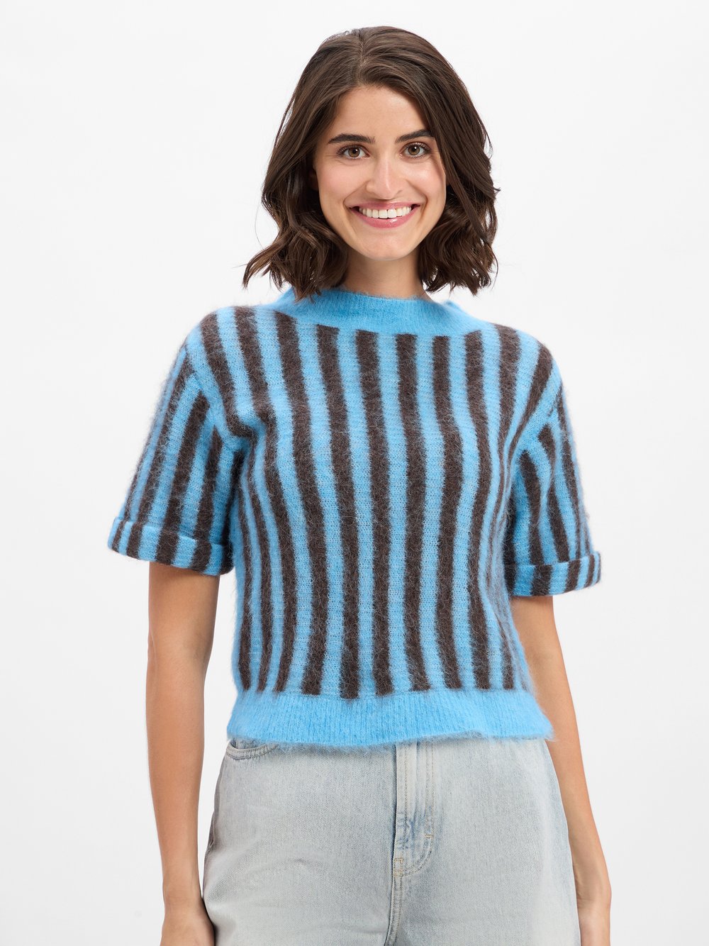 american vintage Kurzarm-Pullover mit Alpaka-Anteil Damen Wolle mehrfarbig gestreift, S
