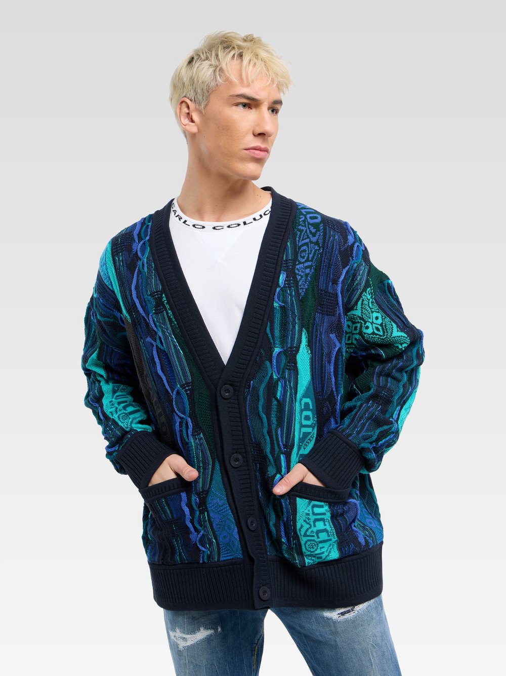 Thumbnail - Carlo Colucci Cardigan Herren Baumwolle blau gemustert, L