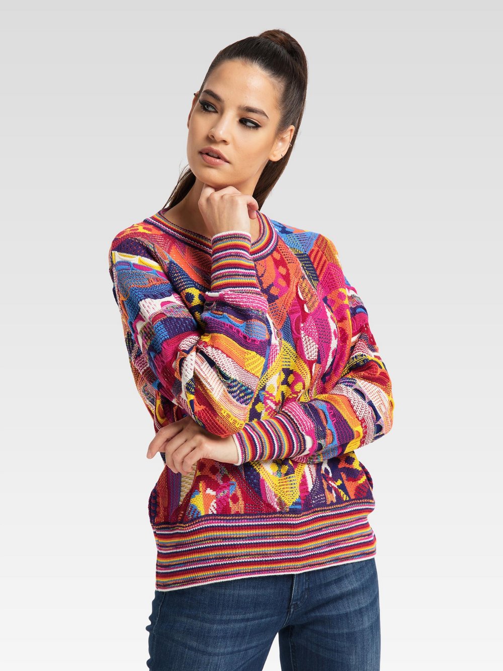 Thumbnail - Carlo Colucci Strickpullover Damen Schurwolle mehrfarbig gemustert, 42