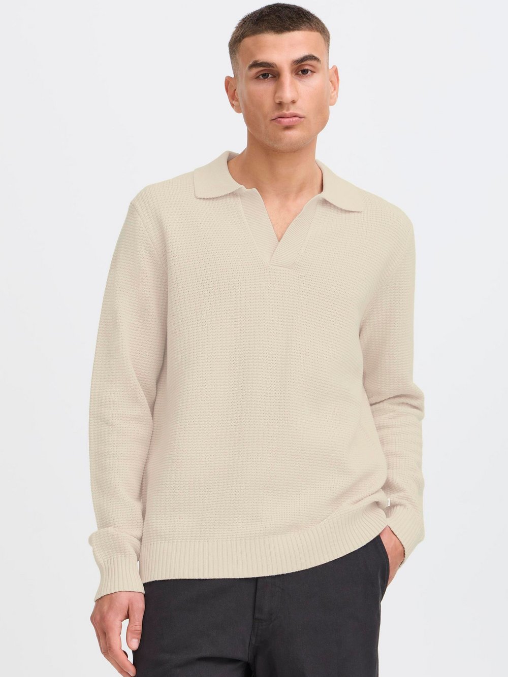 Solid Strickpullover Herren Baumwolle beige strukturiert, L