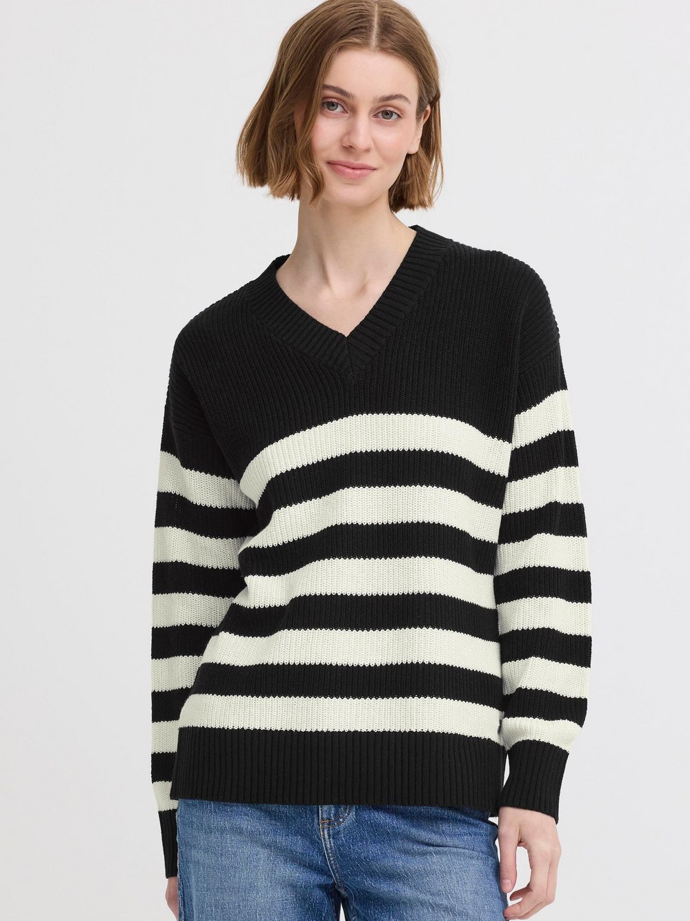 OXMO V-Ausschnitt-Pullover Damen Baumwolle schwarz gestreift, XXL