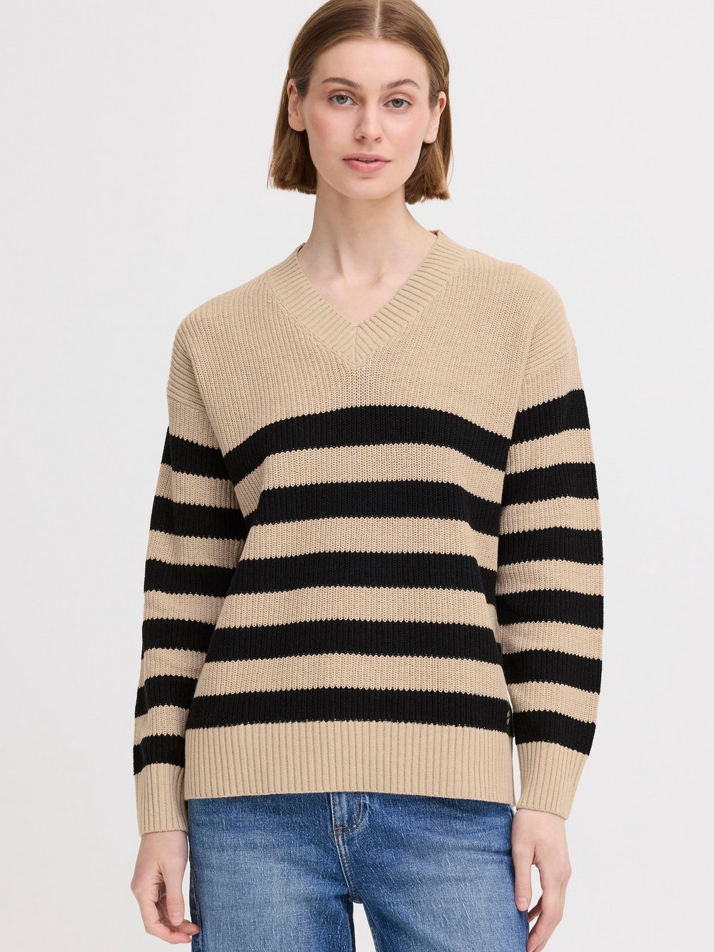 OXMO V-Ausschnitt-Pullover Damen Baumwolle beige gestreift, L