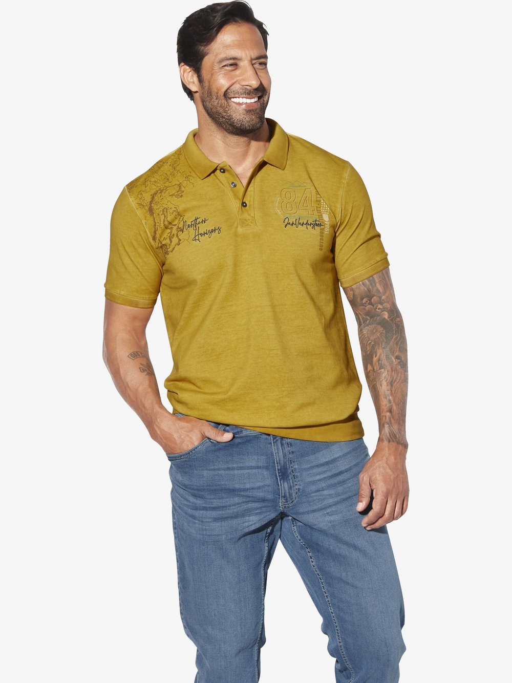 Thumbnail - Jan Vanderstorm Poloshirt Herren Baumwolle gelb bedruckt, L