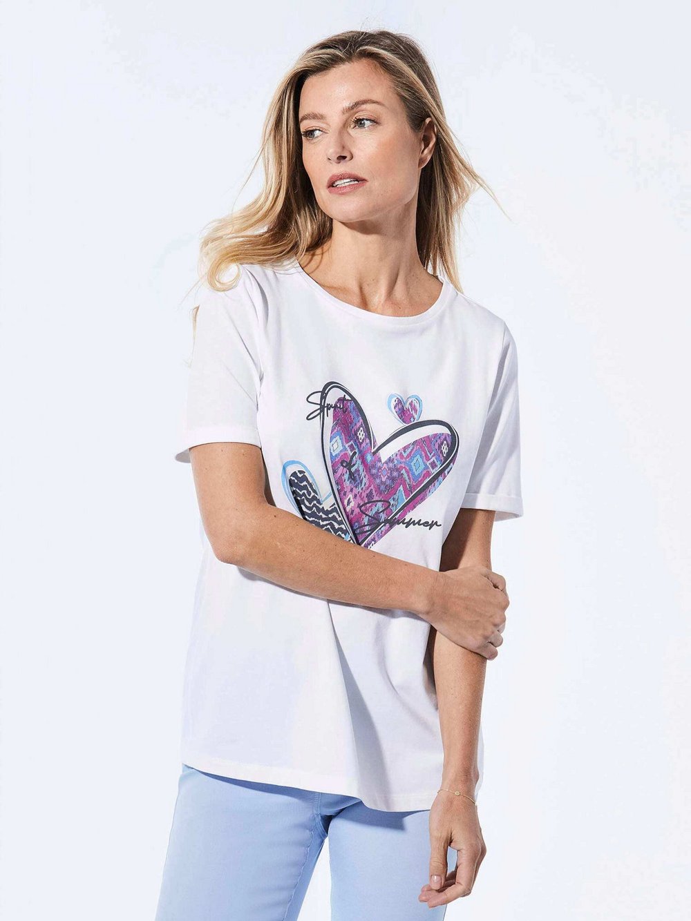 Thumbnail - Goldner Shirt Damen Baumwolle weiß bedruckt, 42