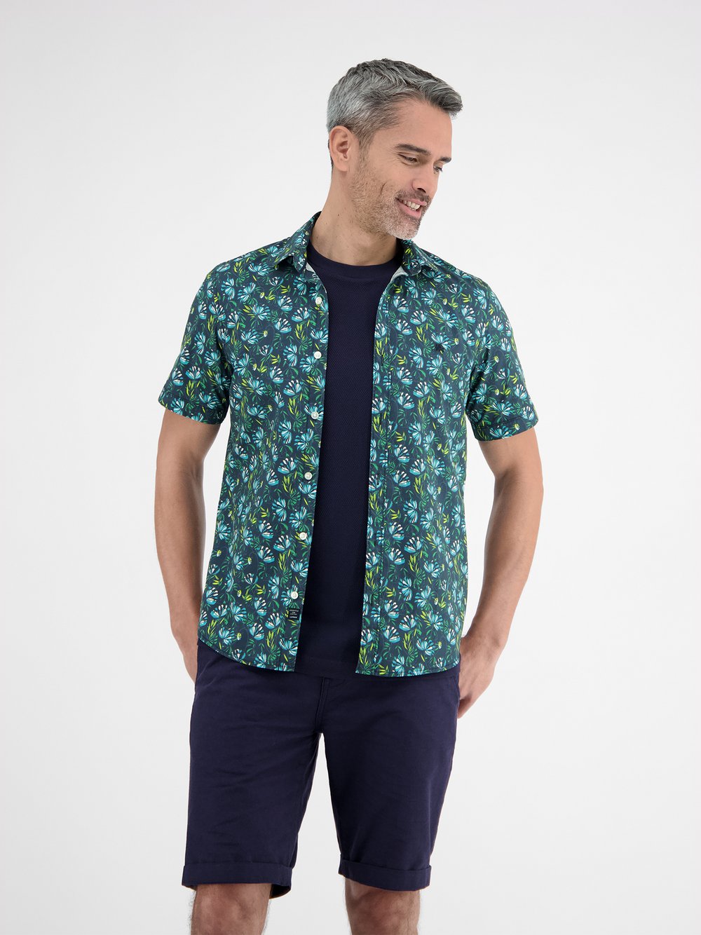 LERROS Kurzarmhemd Herren Regular Fit Baumwolle blau gemustert, L