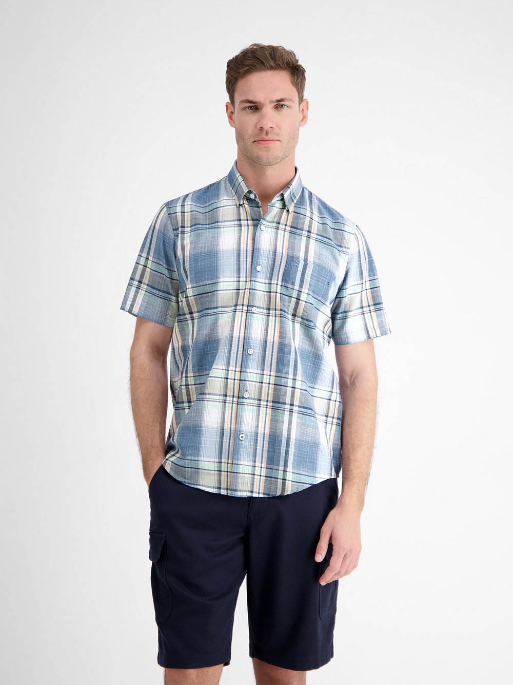 LERROS Kurzarmhemd Herren Regular Fit Baumwolle blau kariert, L