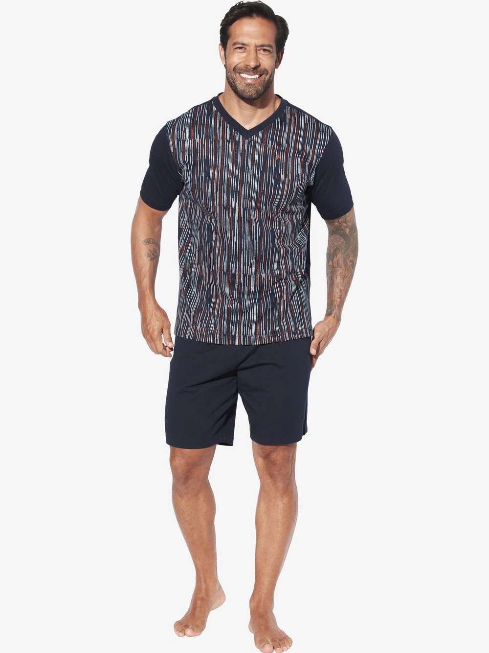 Thumbnail - Jan Vanderstorm Kurzer Schlafanzug Herren Baumwolle blau gestreift, 4XL