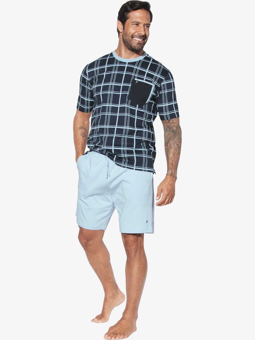 Jan Vanderstorm Kurzer Schlafanzug Herren Baumwolle blau kariert, XXXL