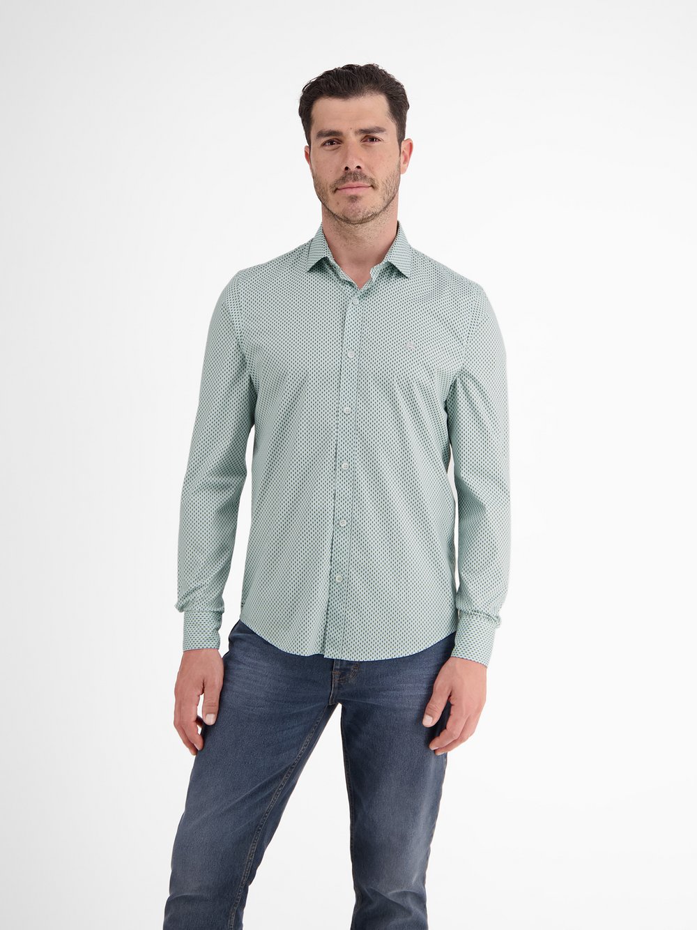 LERROS Langarmhemd Herren Regular Fit Baumwolle blau gemustert, S