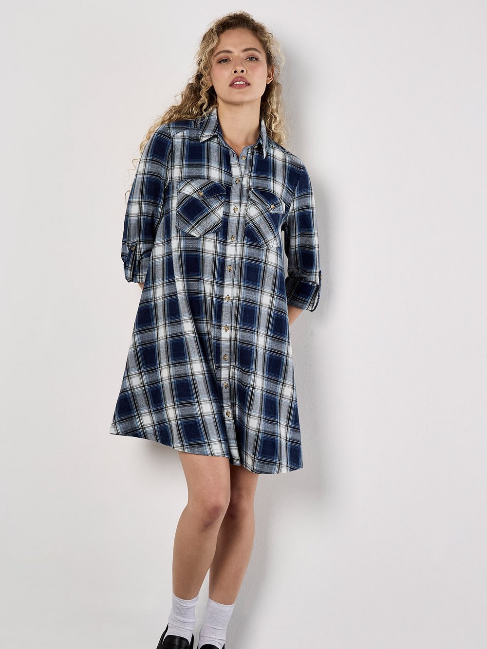 Apricot Minikleid Damen Baumwolle blau kariert, 44