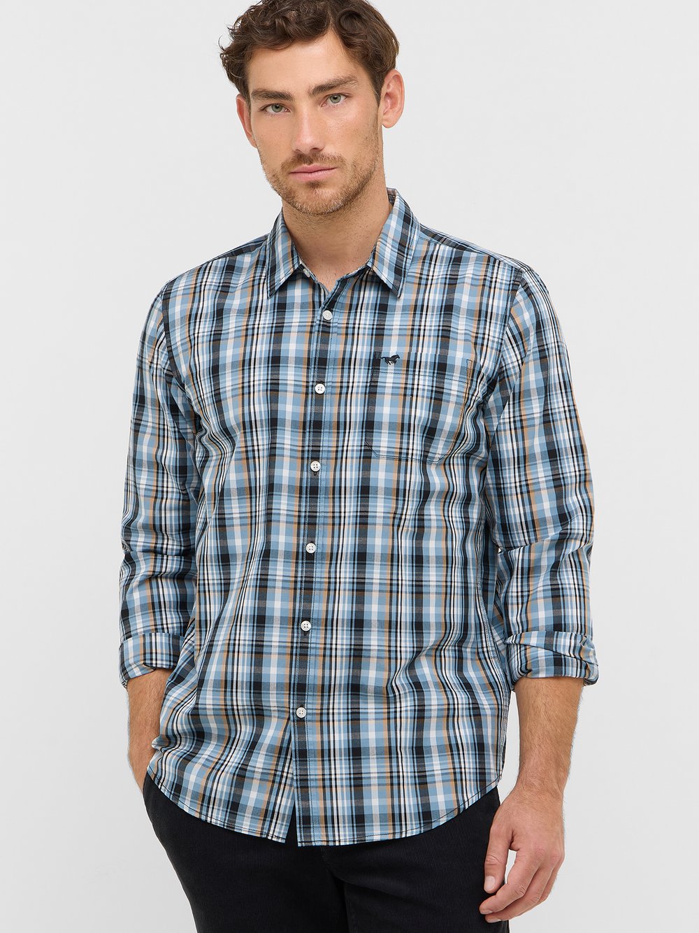 Mustang Hemd Herren Regular Fit Baumwolle blau kariert, XL