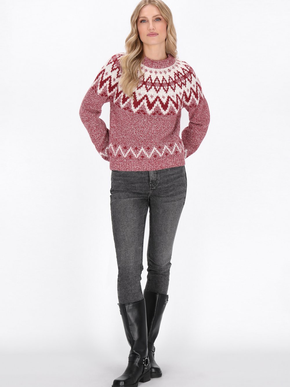 Dreimaster Pullover Damen rot gemustert, XS/S