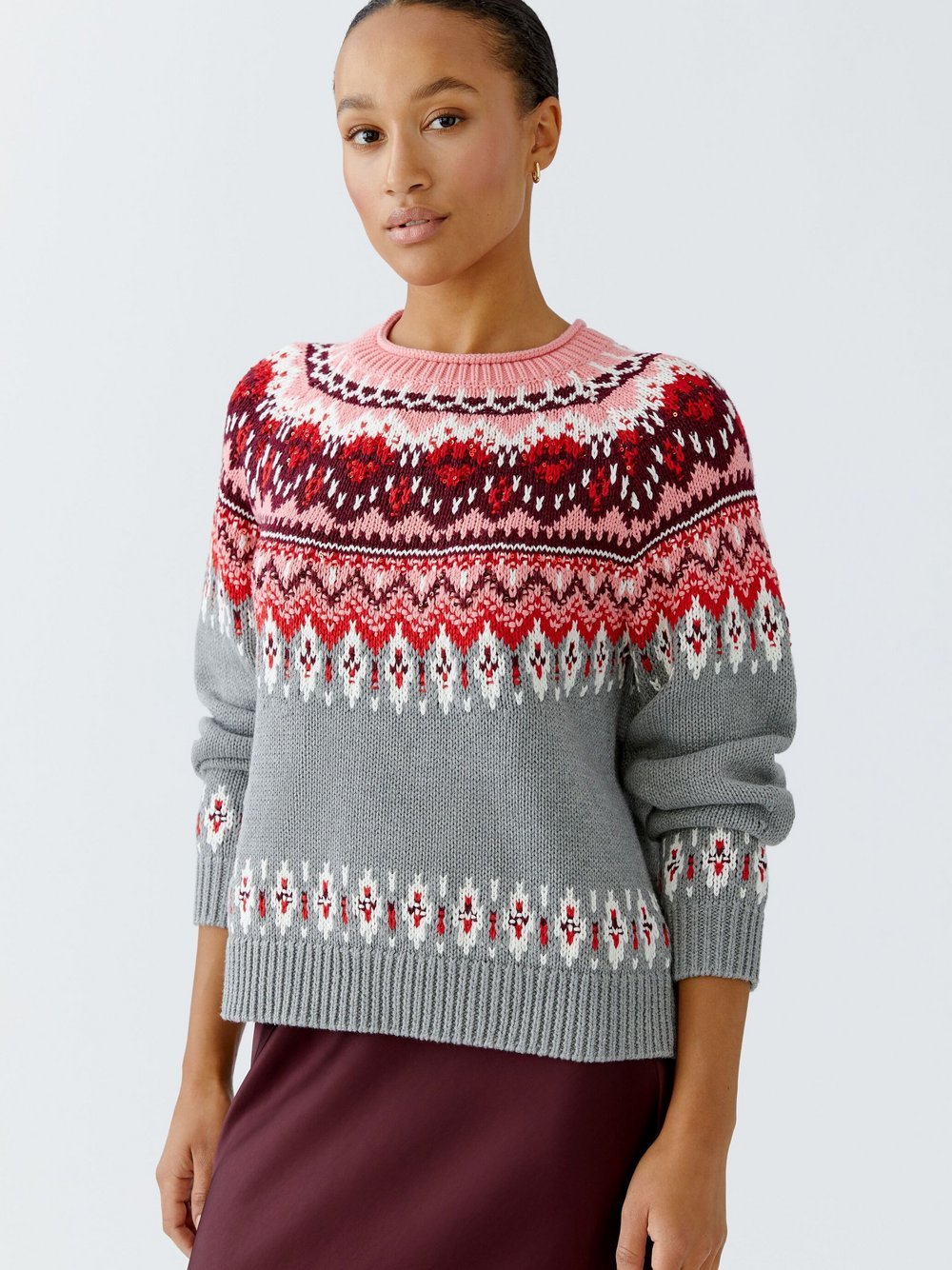 Thumbnail - Oui Pullover Damen Baumwolle grau gemustert, 38