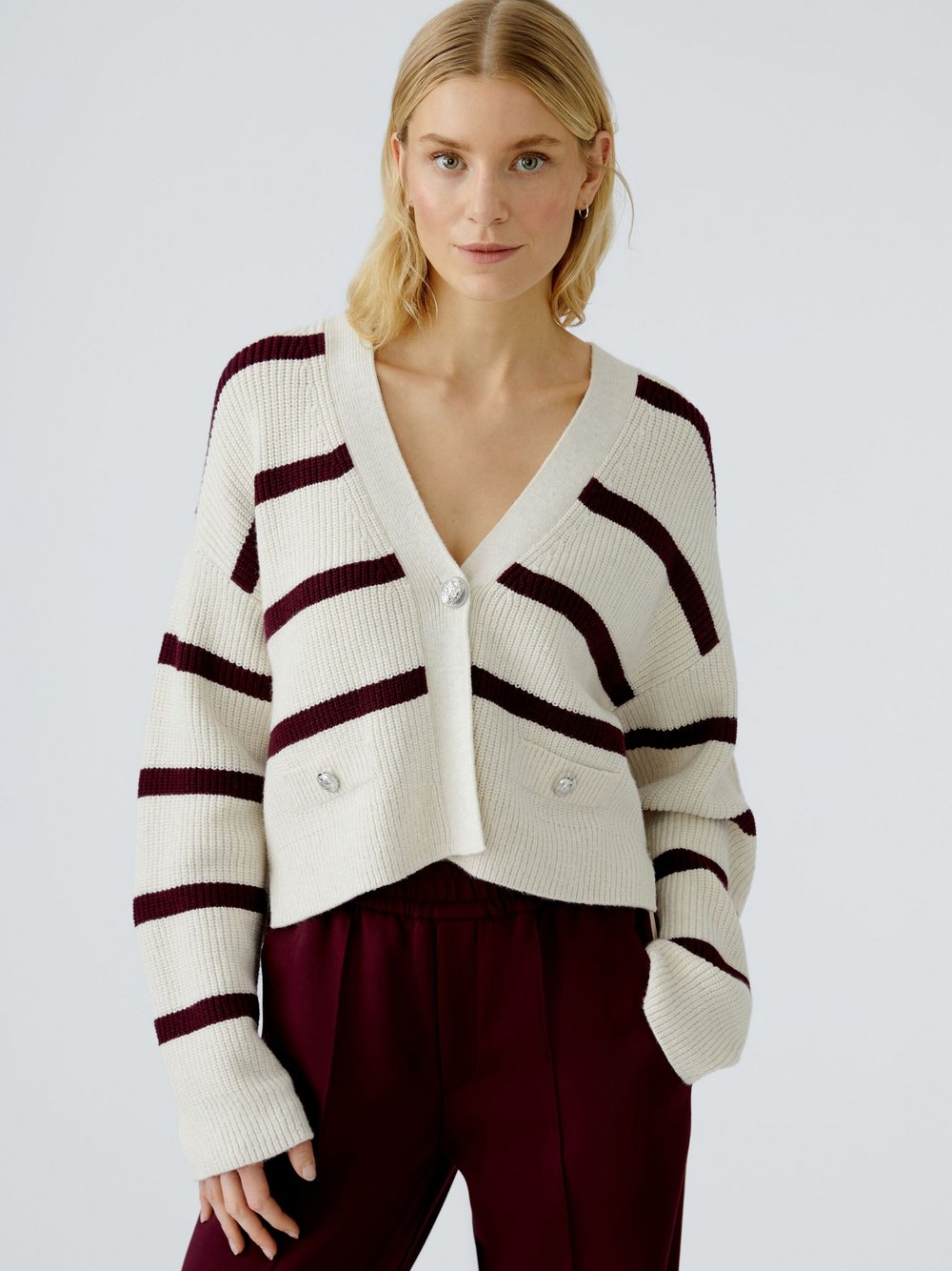 Thumbnail - Oui Strickjacke Damen Baumwolle weiß gestreift, 42