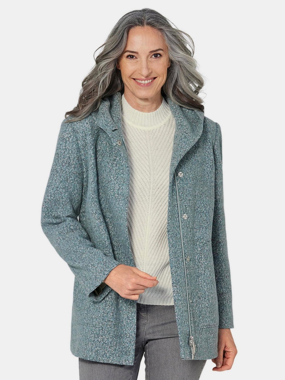 Thumbnail - Goldner Boucle-Jacke Damen grün, 44