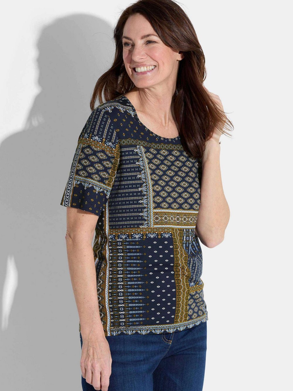 Goldner Shirt Damen Viskose blau gemustert, 52