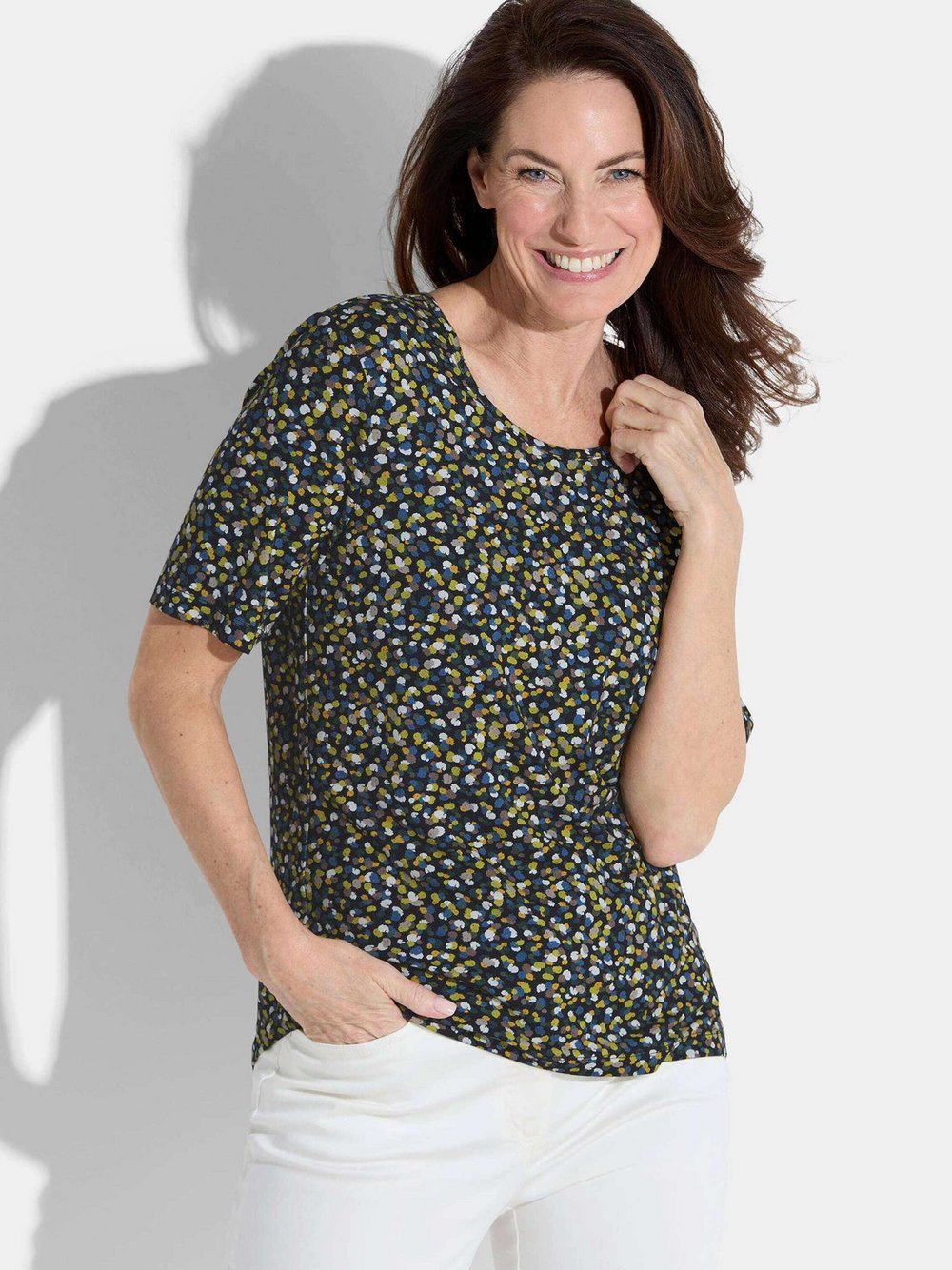 Thumbnail - Goldner Shirt Damen Viskose blau gepunktet, 38